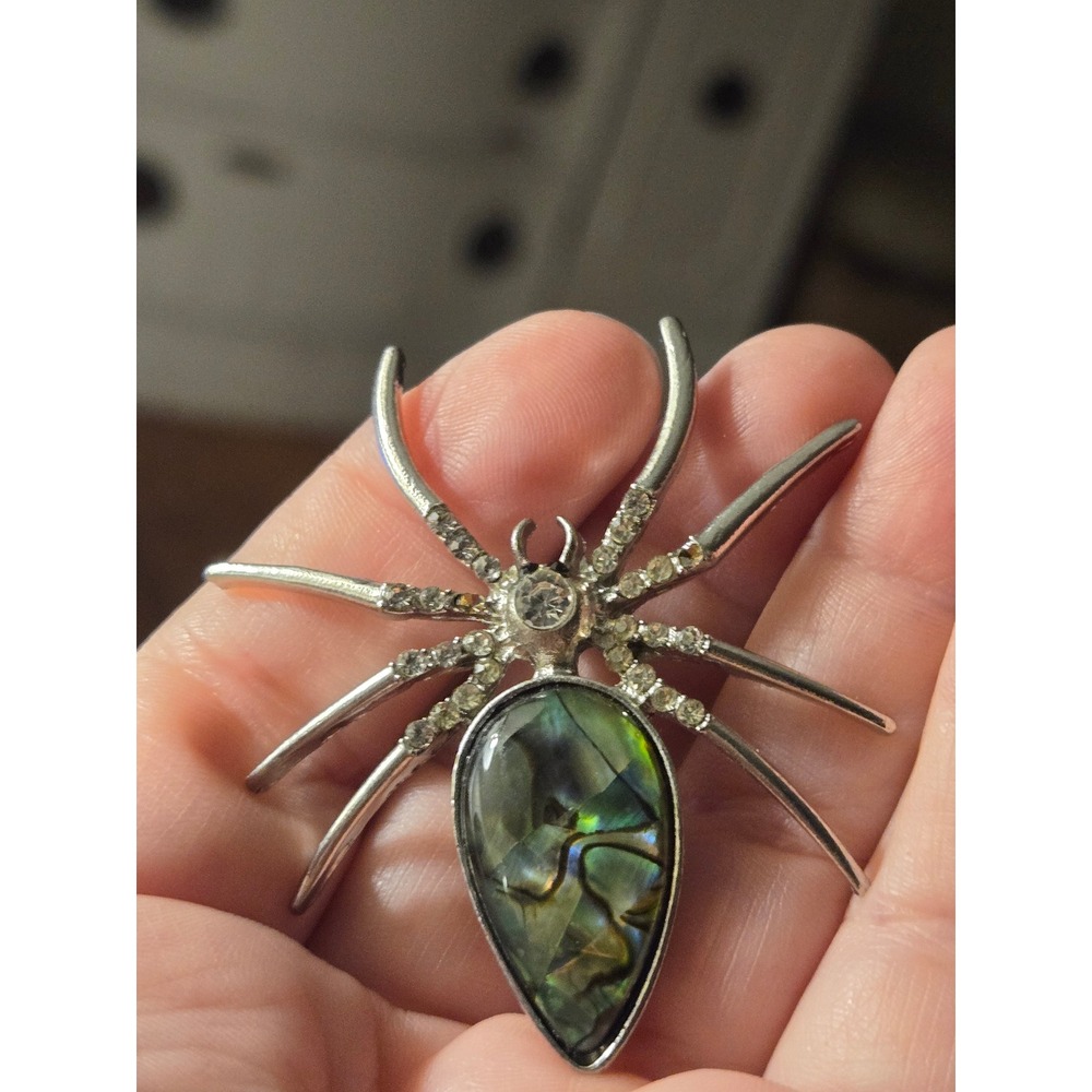 Abalone Rhinestone Spider Brooch Vintage Halloween Insects READ